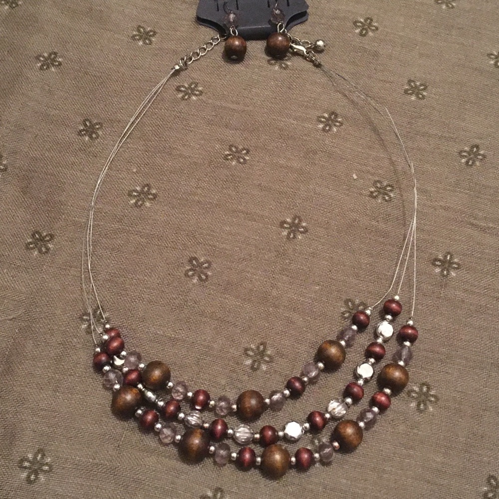 Vintage Brown and Silver Floating Beaded Layered Necklace and Earrings Set